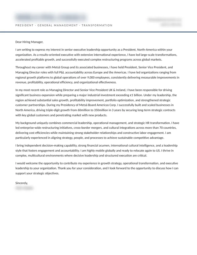 President, North America cover letter written by HoverAdsPro