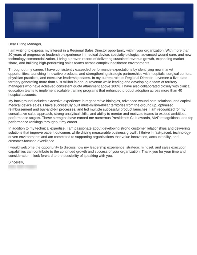 Regional Sales Director cover letter written by HoverAdsPro